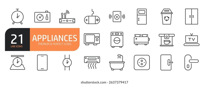 Set of line icons related to Appliances and more. Outline icons collection. Vector illustration.