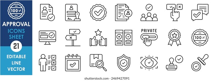 A set of line icons related to approval. Approve, percent, correct, tick, option, right, wrong, stamp, verify. Vector outline icons set.