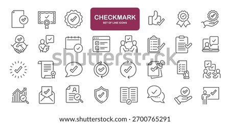 Set of line icons related to approve, deal, agreements, checkmark. Outline icons collection