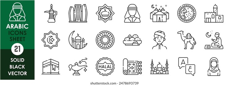 Conjunto de iconos de línea relacionados con el árabe. Idioma, cultura, mezquita, arquitectura, comida, campamento, musulmán, camello, alfombras y así sucesivamente. Conjunto de iconos de contorno de Vector.