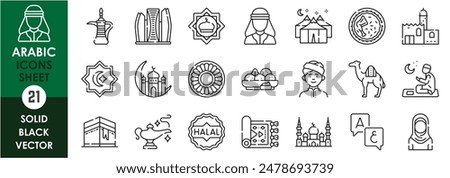 A set of line icons related to Arabic. Language, culture, mosque, architecture, food, camp, Muslim, camel, rugs and so on. Vector outline icons set.