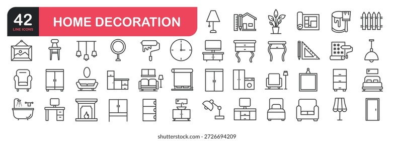 Set of line icons related to architecture, lamp, desk, plant, mirror, armchair, fireplace, oven, chair, dressing table, wardrobe, office chair, apartment, real estate. Outline icons collection. Vector illustration