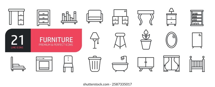 Set of line icons related to armchair, bookshelf, sofa, lamp, mirror, and plant.  Outline icons collection.  Vector illustration