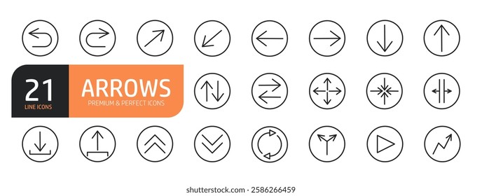 Set of line icons related to arrow more. Outline icons collection.Vector illustration.