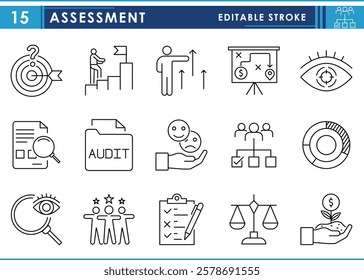 A set of line icons related to Assessment. Audit, analysis, plan, evaluation, quality process, happy, study, strategy, vision, and so on. Vector editable stroke.