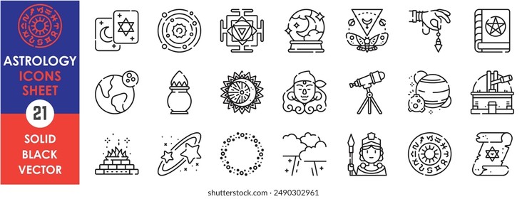 Un conjunto de iconos de línea relacionados con la astronomía. Horóscopo, astro, planetas, sol, ritual, magia, dios, espacio, adivino, tierra, esotérico, péndulo, etc. Conjunto de iconos de contorno de Vector.