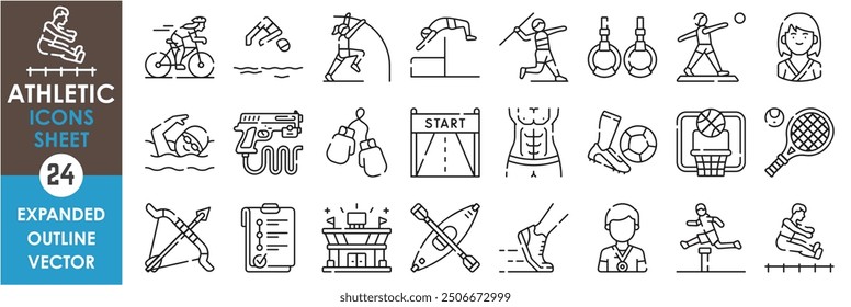 A set of line icons related to Athletic. Sports, jump, run, javelin, shot put, tennis, swimming, diving, bow and arrow, shooting, and so on. Vector outline icons set.