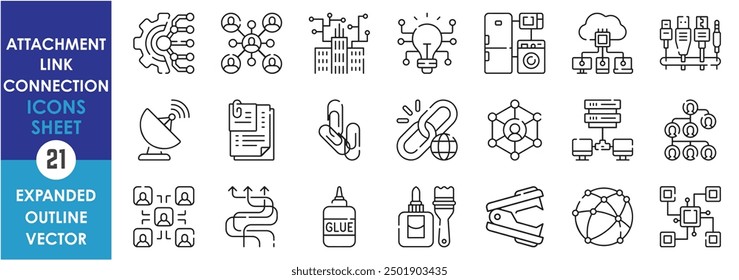 A set of line icons related to Attachment, Link, Connection. Connect, group, digital, bulb, charger, satellite, network, paper, stapler, arrow, and so on. Vector outline icons set.