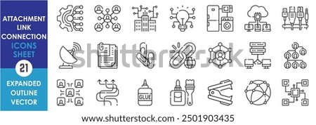 A set of line icons related to Attachment, Link, Connection. Connect, group, digital, bulb, charger, satellite, network, paper, stapler, arrow, and so on. Vector outline icons set.