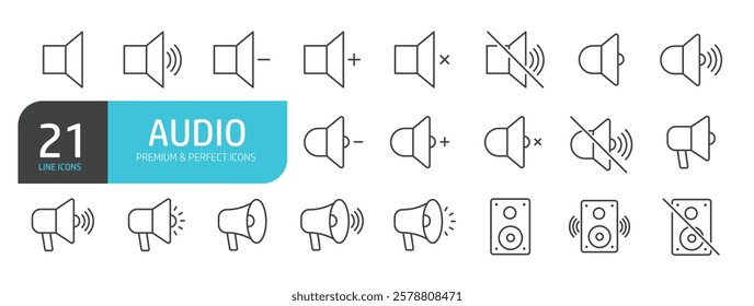 Set of line icons related to audio, speaker, sound. Outline icons collection. Vector illustration.