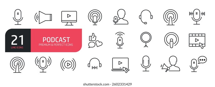 Set of line icons related to  audio, microphone, record, podcasting. Outline icons collection. Vector illustration. stock illustration