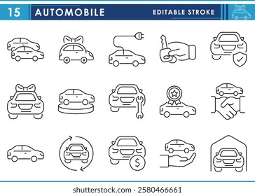 A set of line icons related to Automobile. Cars, dealer, repair, car, charge, gift, keys, and so on. Vector editable stroke.