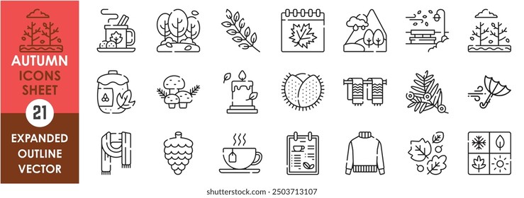 A set of line icons related to Autumn. Season, leaves, bare, umbrella, muffler, woods, tea, candle, jam jar, and so on. Vector outline icons set.