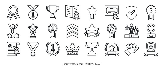 Set of line icons related award, winner, success, achievement. 500x500px Perfect pixel on transparent background