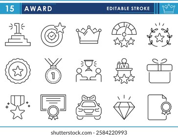 A set of line icons related to Award. Gift, present, win, medal, inspiration, certificate, gem, crown, and so on. Vector editable stroke.