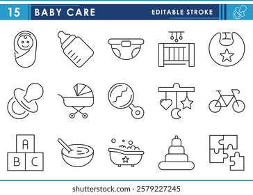 A set of line icons related to Baby Care. Child, kid, care, diaper, crib, bottles, stroller, bibs, and so on. Vector editable stroke.