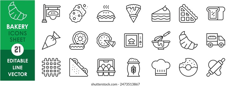 A set of line icons related to bakery products. Eggs, bread, flour, hungry, chef, donut, waffle, bun, cake and so on. Vector outline icons set.