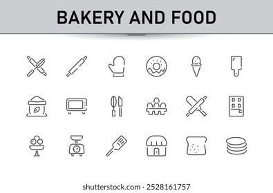 Set of line icons related to bakery and food. Minimal line icon related to bakery, bread, wheat, Pastry,  baking, oven, Editable stroke. Vector illustration