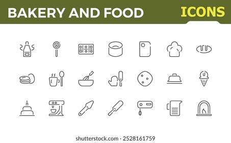 Set of line icons related to bakery and food. Minimal line icon related to bakery, bread, wheat, Pastry,  baking, oven, Editable stroke. Vector illustration