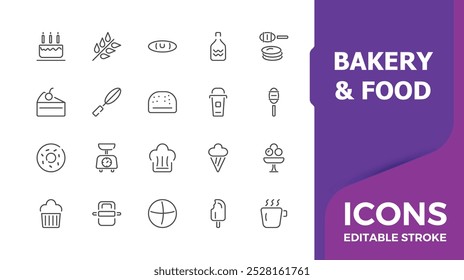 Set of line icons related to bakery and food. Minimal line icon related to bakery, bread, wheat, Pastry,  baking, oven, Editable stroke. Vector illustration