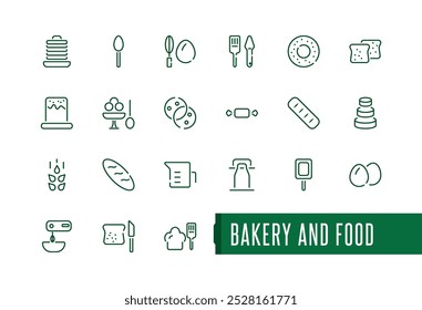 Set of line icons related to bakery and food. Minimal line icon related to bakery, bread, wheat, Pastry,  baking, oven, Editable stroke. Vector illustration