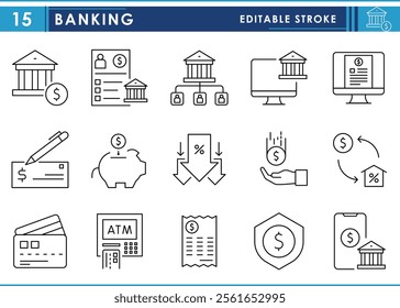 A set of line icons related to Banking. Bank, retail, commercial, online, mobile, loans, saving, checking, mortgages, credit, debit, ATM, and so on. Vector editable stroke.