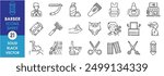 A set of line icons related to Barber. Barber, scissors, male, female, mirror, blade, haircut, salon, shampoo, color, and so on. Vector outline icons set.