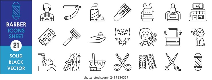 Un conjunto de iconos de línea relacionados con Barber. Peluquero, tijeras, macho, hembra, espejo, hoja, corte de pelo, salón, champú, color, y así sucesivamente. Conjunto de iconos de contorno de Vector.