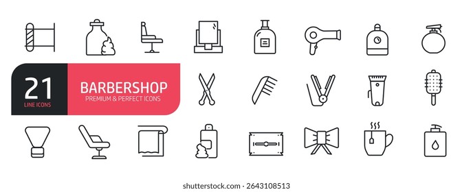 Set of line icons related to barbershop, blade, perfume, hair gel. Outline icons collection. Editable stroke. Vector illustration.