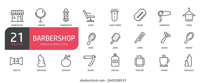 Set of line icons related to barbershop, mirror, razor, hair mass, hairdryer. Outline icons collection. Vector illustration.