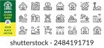 A set of line icons related to Barn. Farm, barn, cottage, village, farmhouse, windmill, farmer, and so on. Vector outline icons set.