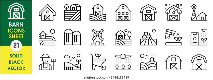 A set of line icons related to Barn. Farm, barn, cottage, village, farmhouse, windmill, farmer, and so on. Vector outline icons set.