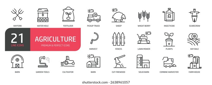 Set of line icons related to barn, farm house, harvest, fertilizer. Outline icons collection. Vector illustration.