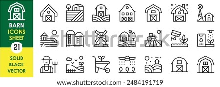 A set of line icons related to Barn. Farm, barn, cottage, village, farmhouse, windmill, farmer, and so on. Vector outline icons set.