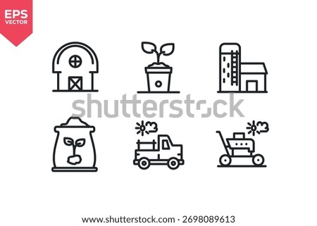 Set of line icons related to barn, plants, solid barn, fertilizer, pickup truck, lawn mower. Outline icons collection. Editable stroke. Vector illustration.
