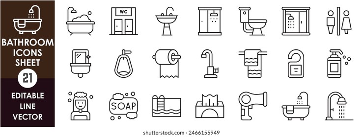 A set of line icons related to bathroom. Bath, hairwash, shampoo, soap, toilet, shower, tub, mirror and so on. Vector outline icons related to washroom.