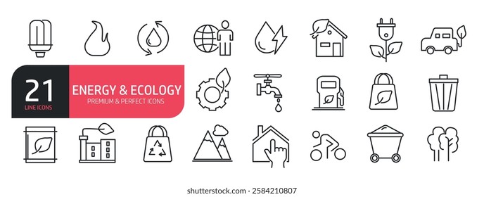 Set of line icons related to battery, nature, sun, solar panel. Outline icons collection.  Vector illustration.