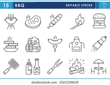 A set of line icons related to BBQ barbecue and grill. BBQ, steak, sausage, burger, carving fork, skewer, cutlet, fire, apron, and so on. Vector editable stroke.