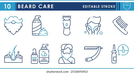 Um conjunto de ícones de linha relacionados ao Beard Care. Barba, cuidado, hidratante, creme, guarnição, controle de caspa e assim por diante. Traçado editável de vetor.