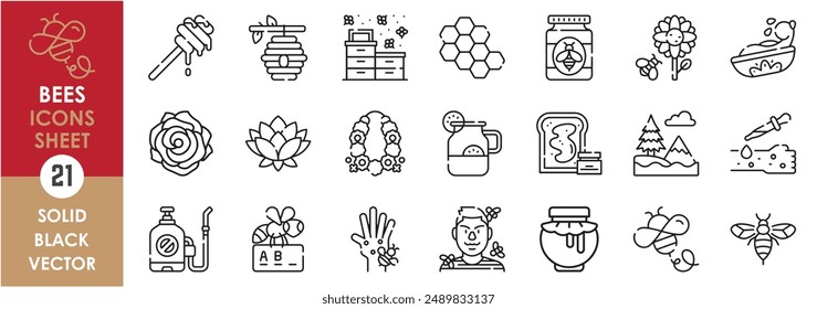 Conjunto de iconos de línea relacionados con la abeja. Abejas, insecto, miel, colmenas, pan, miel de limón, flor, apiterapia, moderno, erupciones, naturaleza y así sucesivamente. Conjunto de iconos de contorno de Vector.