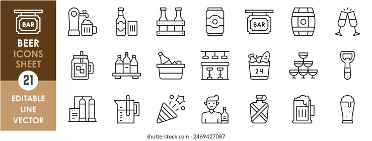 Conjunto de iconos de línea relacionados con la cerveza. Bar, cerveza, fiesta, alcohol, prueba, planta, lata, cheers y así sucesivamente. Conjunto de iconos de contorno de Vector.