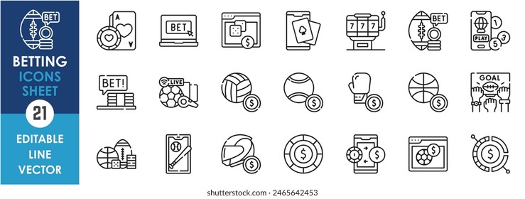 A set of line icons related to betting. Sports betting, gambling, live sports, mobile games, exchange and so on. Vector outline icons with sports betting.