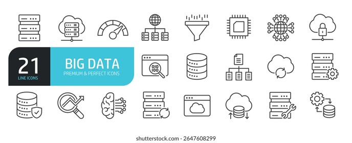Conjunto de ícones de linha relacionados a big data, nuvem, servidor, hospedagem. Coleção de ícones de tópicos. Ilustração vetorial