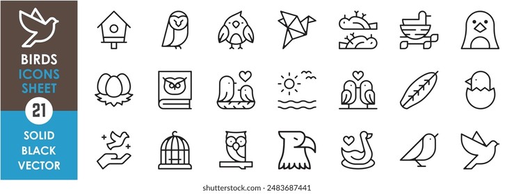 A set of line icons related to birds. Birds, eagle, sparrow, symbol, feather, eggs, chicken, love, dead bird, penguin and so on. Vector outline icons set.