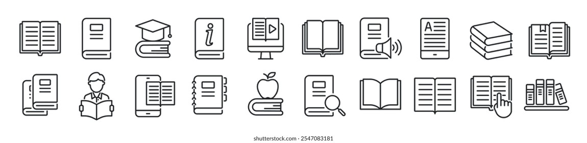 Satz von Linien-Icons verwandten Buch, Lesen, E-Book, Lernen. Bearbeitbarer Strich. 500x500px Perfektes Pixel auf transparentem Hintergrund