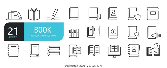 Set of line icons related to book, reading, mag, library. Outline icons collection. Vector illustration.