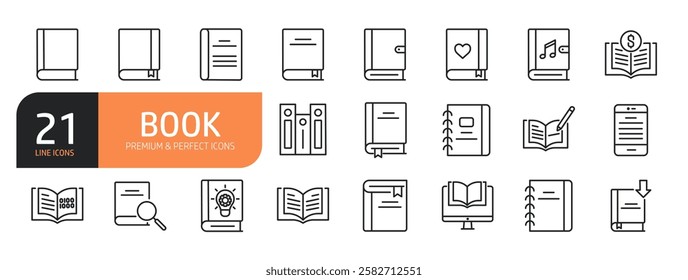 Set of line icons related to book, notebook, archive, journal and more. Outline icons collection.Vector illustration.