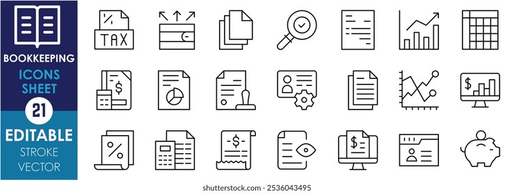 Conjunto de iconos de línea relacionados con la contabilidad. Auditoría, libro mayor, Comprobante, balance, impuestos, ingresos, informes financieros, ahorros, etc. Vector de trazo editable.