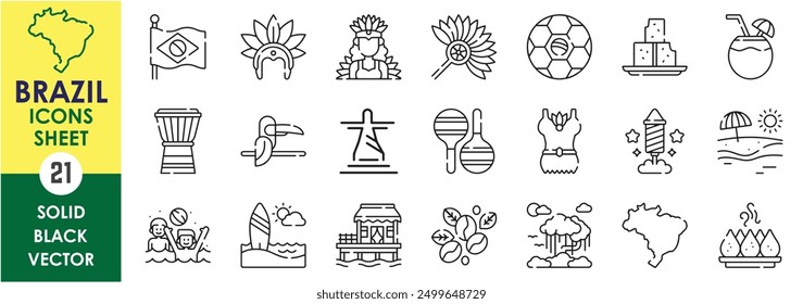 A set of line icons related to Brazil. Flag, Rio, Christ, beach, cuisines, football, coffee, coxinha, carnival, dancer, traditional, firework, rainforest, and so on. Vector outline icons set. 