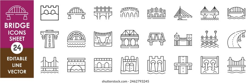 A set of line icons related to Bridges. Various types of bridge outline style vector icons. 